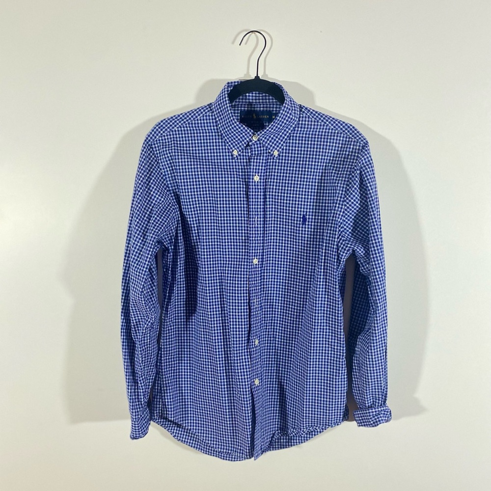 Blue print button down dress shirt